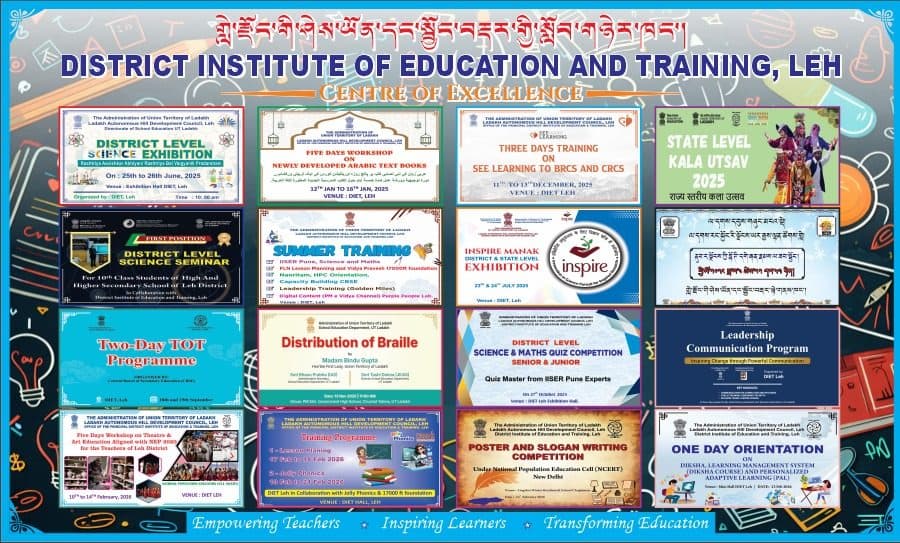 Collage of DIET Leh training and event notices on a Centre of Excellence board